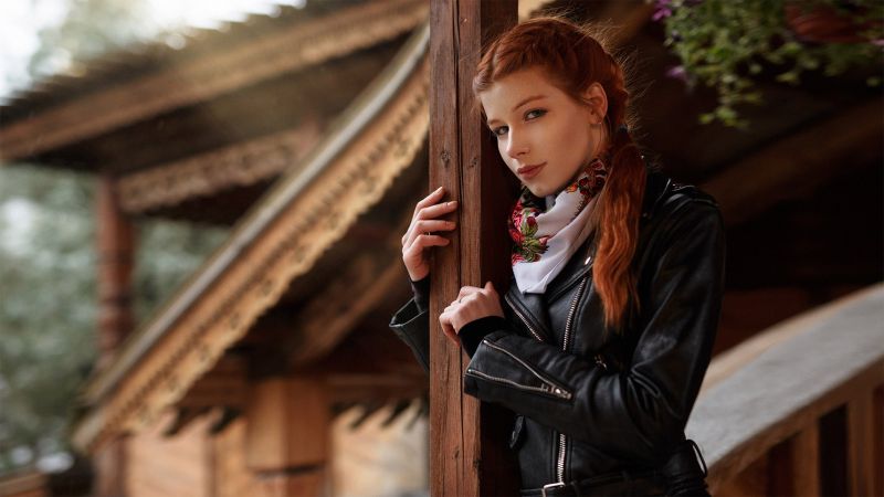 kobiety, portret, rudowłosy, skórzane kurtki, głębia pola kobiety, portret, rudowłosy, skórzane kurtki, głębia pola
