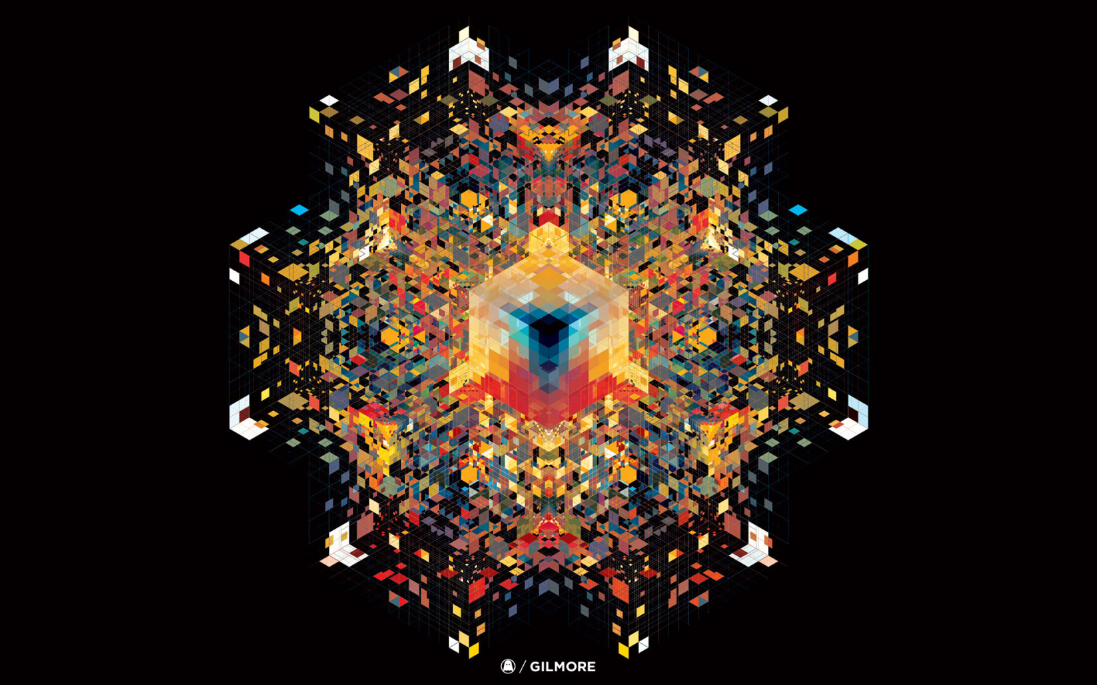 ilustrace, černé pozadí, anime, abstraktní, symetrie, krychle, sklenka, vzor, geometrie, kruh, Hračka, kaleidoskop, Andy Gilmore, osvětlení, fraktální umění, psychedelické umění