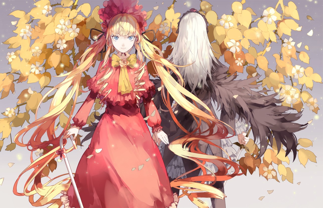 listy, ilustrace, blondýnka, anime, anime dívky, modré oči, křídla, šaty, vlasy luky, panenka, mytologie, Rozen Maiden, Shinku, třtina, Mercury Lampe, Reiner Rubin, Suiginto, kostýmy