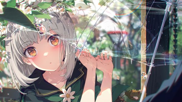 anime girls,umbrella,water drops,rainbows,rain,short hair