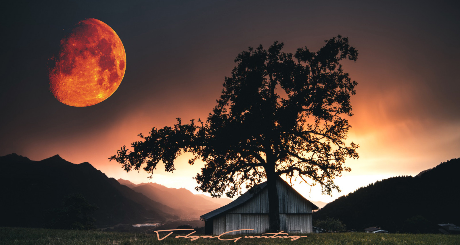 Blood moon, trees, landscape, nature, digital art, digital, house, cabin, mountains, artwork