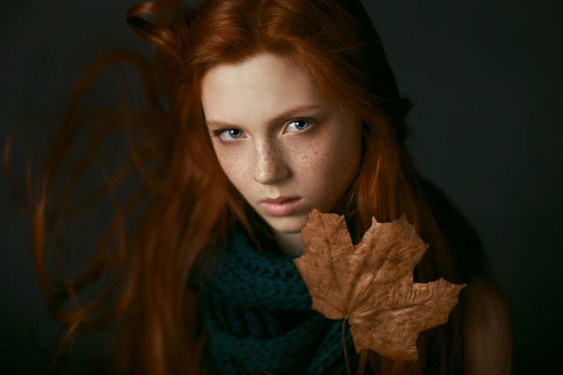 tvář, listy, ženy, model, portrét, ryšavý tvář, listy, ženy, model, portrét, ryšavý