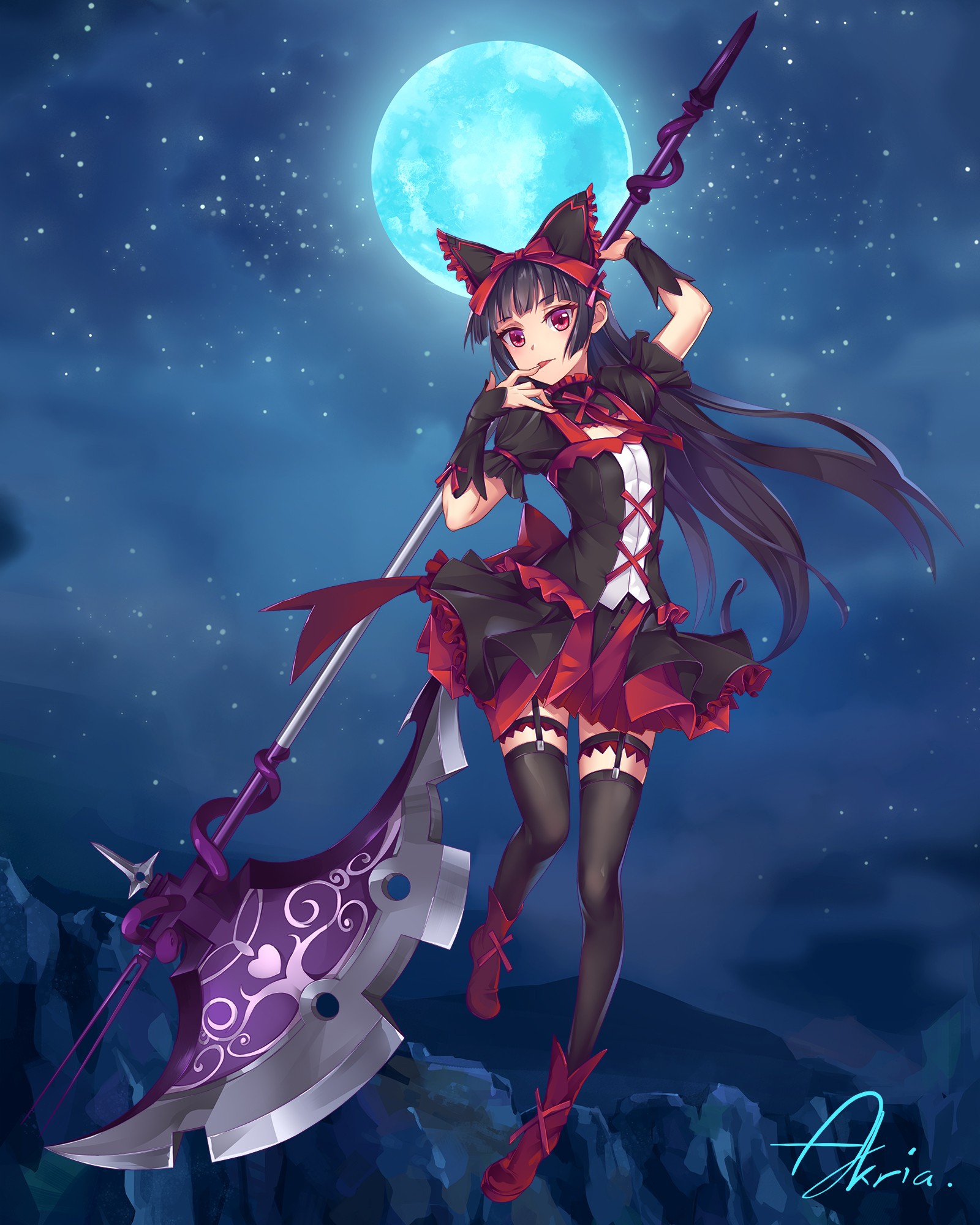 Wallpaper Illustration Night Long Hair Anime Girls Weapon