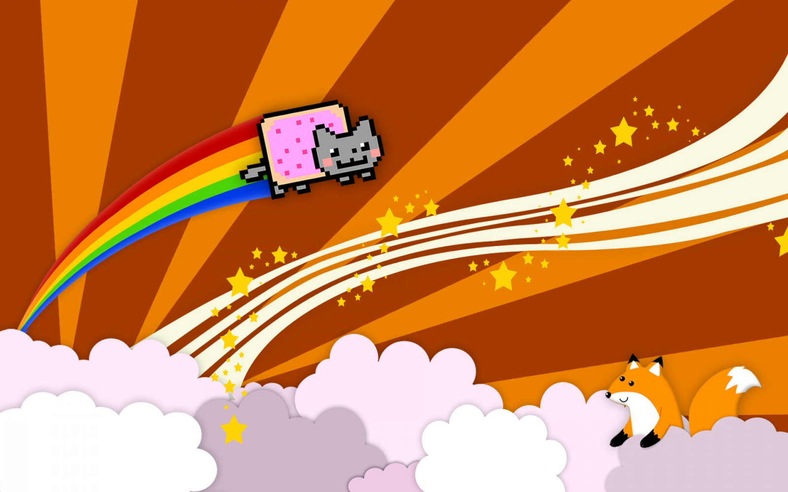 Wallpaper illustration, cat, clouds, cartoon, fox, Nyan Cat, fun