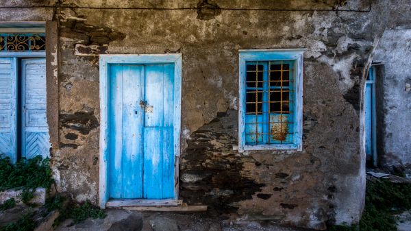 wall, house, Greek, colorful, window, blue