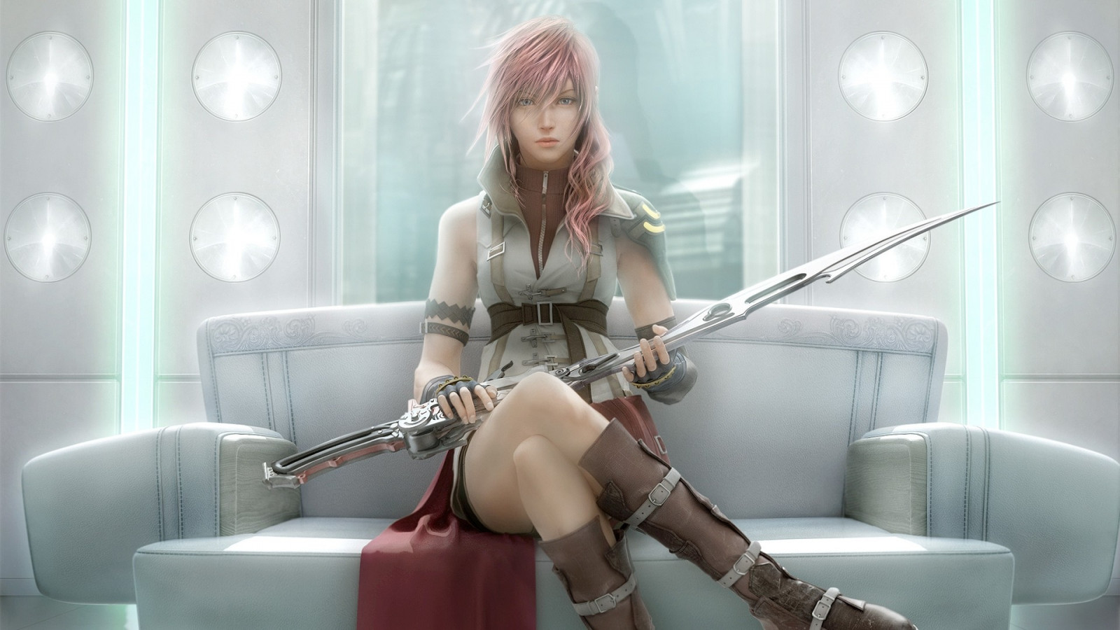 model, dlouhé vlasy, anime, sedící, gauč, Blesk, meč, vlasy, pusa, Osoba, oblečení, Final Fantasy XIII, dívka, dáma, dívej se, noha, blond, Snímek obrazovky, focení