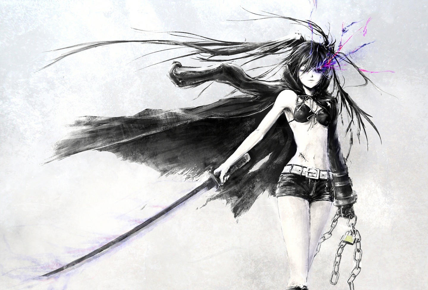 tegning, illustration, anime, Anime piger, våben, Black Rock Shooter, Styrke Black Rock Shooter, vinge, skitse, kostume design, figur tegning