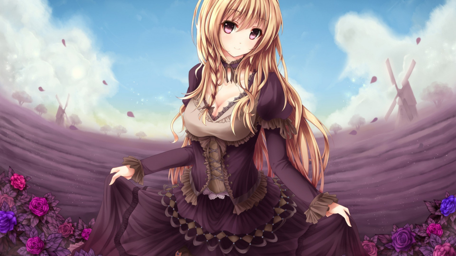 bionda, fiori, capelli lunghi, anime, anime girls, occhi viola, mitologia, immagine dello schermo, sfondo del computer