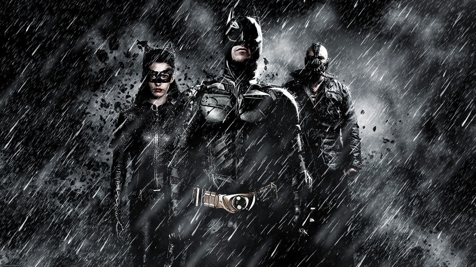 1920x1080 px, Prokletí, Bat-man, kočičí žena, MessenjahMatt, černobílý, déšť, Selina Kyle, Temný rytíř povstal