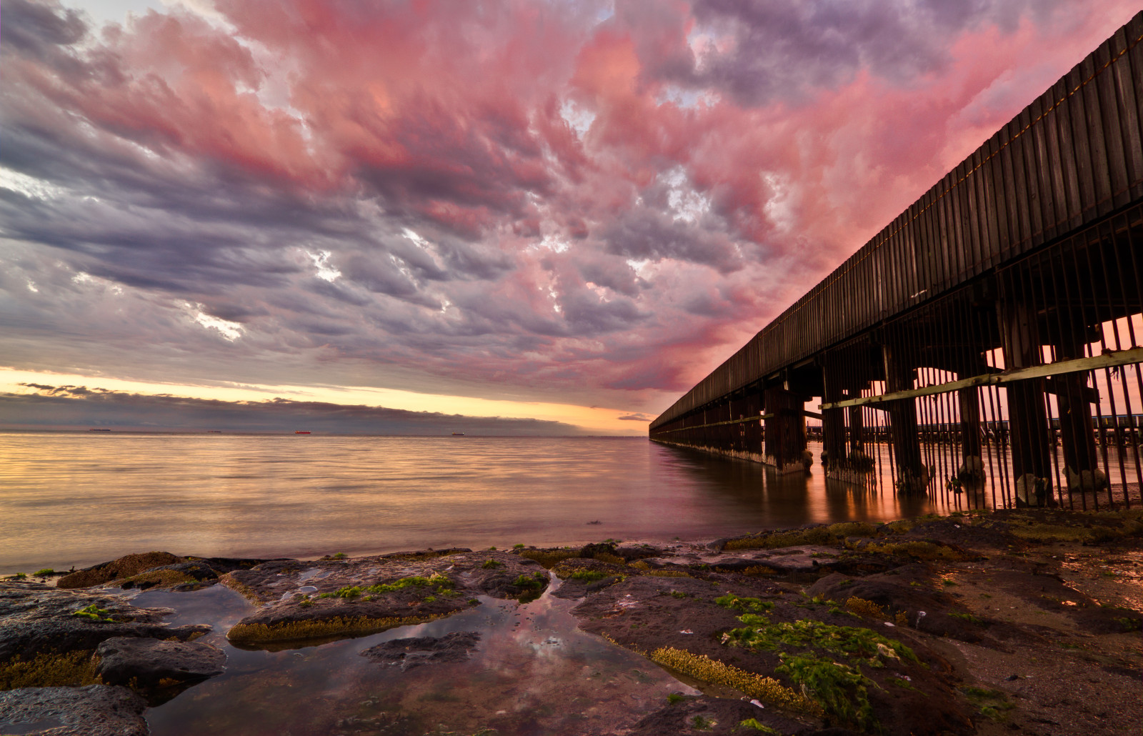 slunečnímu záření, krajina, západ slunce, moře, záliv, Skála, pobřeží, odraz, nebe, mraky, pláž, mech, svítání, večer, ráno, pobřeží, horizont, skály, molo, soumrak, Austrálie, molo, Victoria, Melbourne, Mořská řasa, Brighton, mrak, svítání, oceán, vlna, portphillipbay, middlebrighton