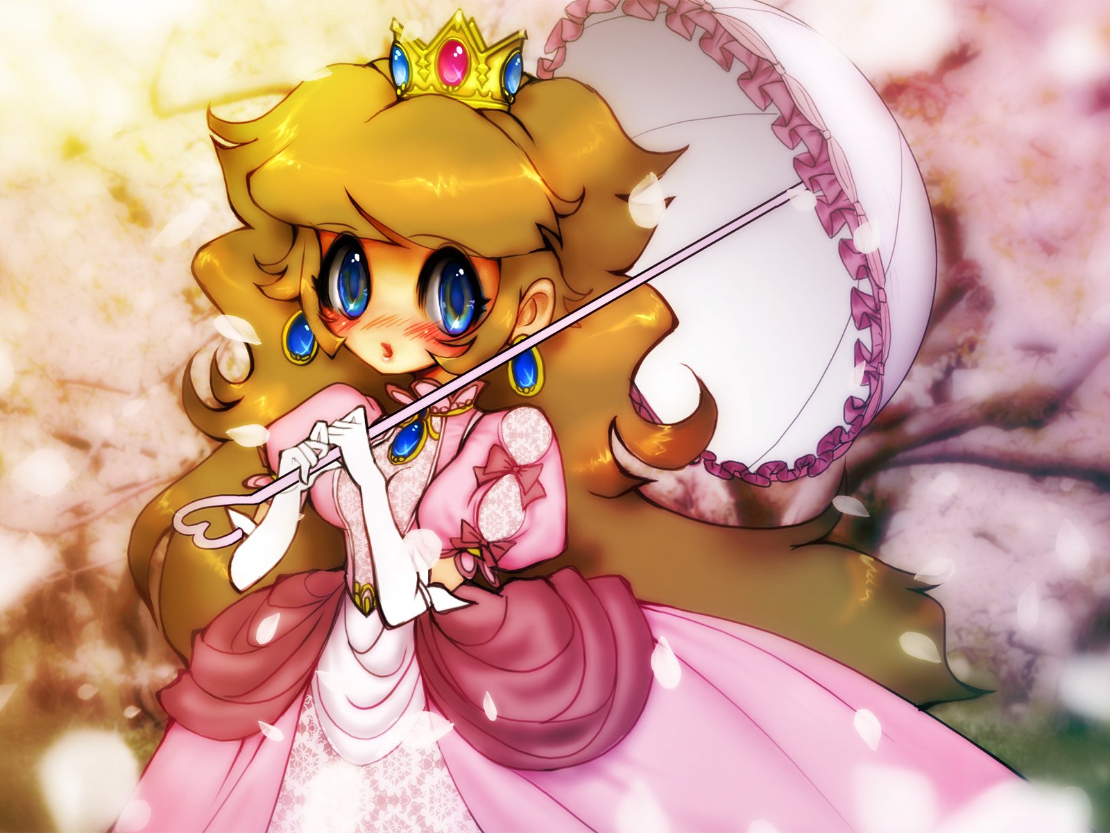 1600x1200 px, blondýnka, květy, modrý, ruměnec, třešeň, koruna, šaty, loket, oči, květiny, rukavice, vlasy, dlouho, mario, Nintendo, Broskev, růžový, princezna, stuhy, super, deštník