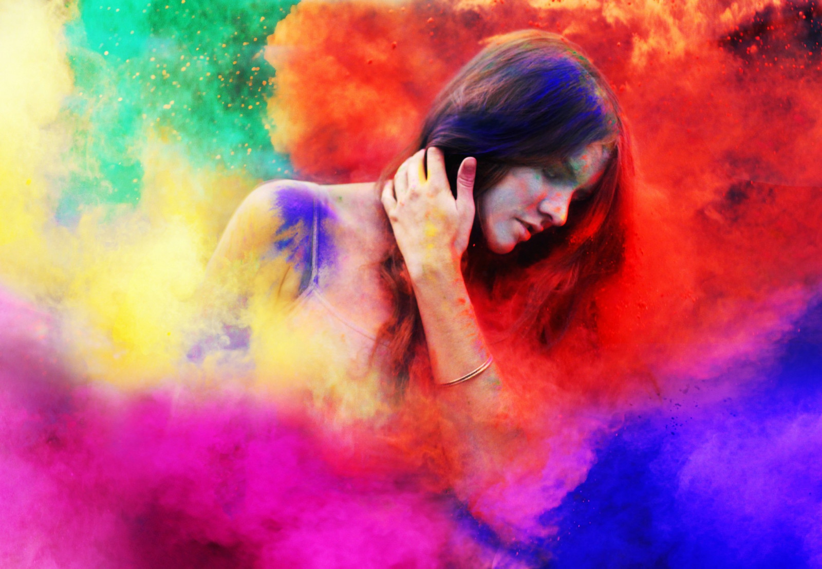 Wallpaper colorful, painting, women, festivals, closed eyes, red