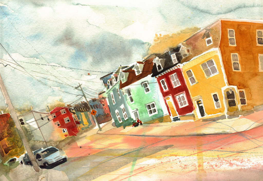 Kanada, novofundlanďan, vodové barvy, stjohns, nl