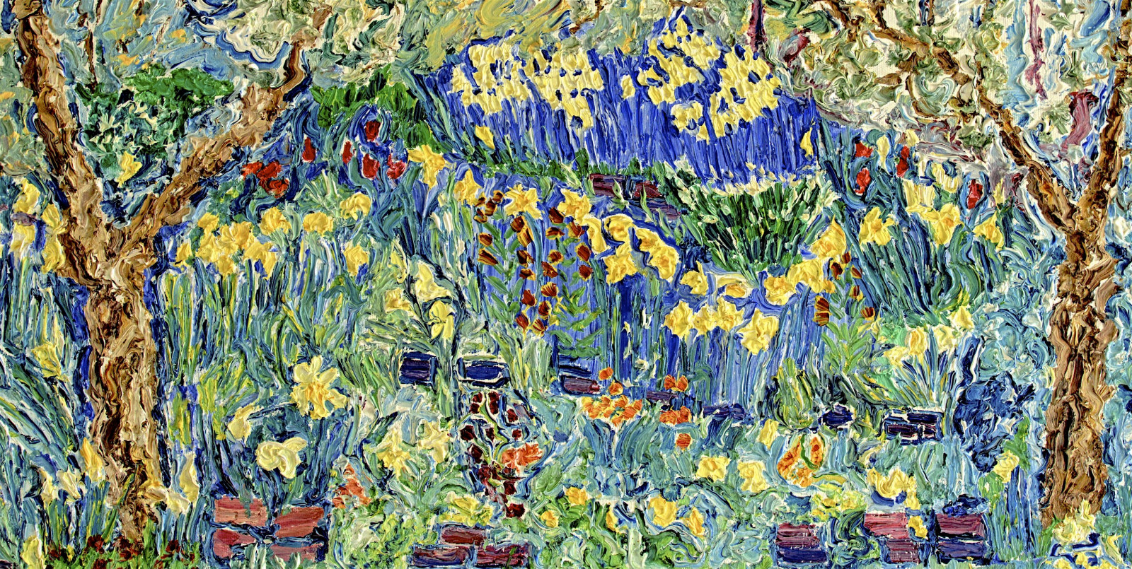 stromy, krajina, malování, zahrada, prostor, pole, žlutý, moderní, naděje, Radost, Nikon, květ, perspektivní, narcisy, UMĚNÍ, květ, rostlina, osvětlení, flóra, barva, detail, jaro, terasa, teplo, originál, louka, výtvarné umění, olejomalba, soudobé umění, lightandshade, blues, divoká rostlina, botanika, suchozemská rostlina, kvetoucí rostlina, impresionista, reds, zelenina, lehkost, modernfineart, oilpaintingoncanvas, gardenlandscape, paintedbeforethemotive, paintedintheopenair, nopreliminarydrawing, postimpressionist