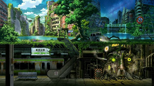 artwork, fantasy art, digital art, greenery, subway, Volkswagen