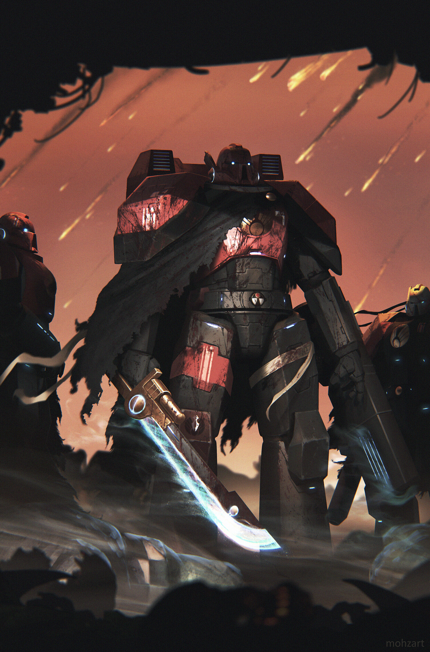 Warhammer, Warhammer 30 000, Warhammer 40 000, Tau, Tau Empire, Farsight Enclaves, Červené, Černá, bílý, sci-fi, vyspělá technologie, battlesuit, výkon brnění, pistole, railguns, meč, power sword, jetpack, pelerína, fusion blaster, pulse rifle, kouř, plasma sword, ion sword