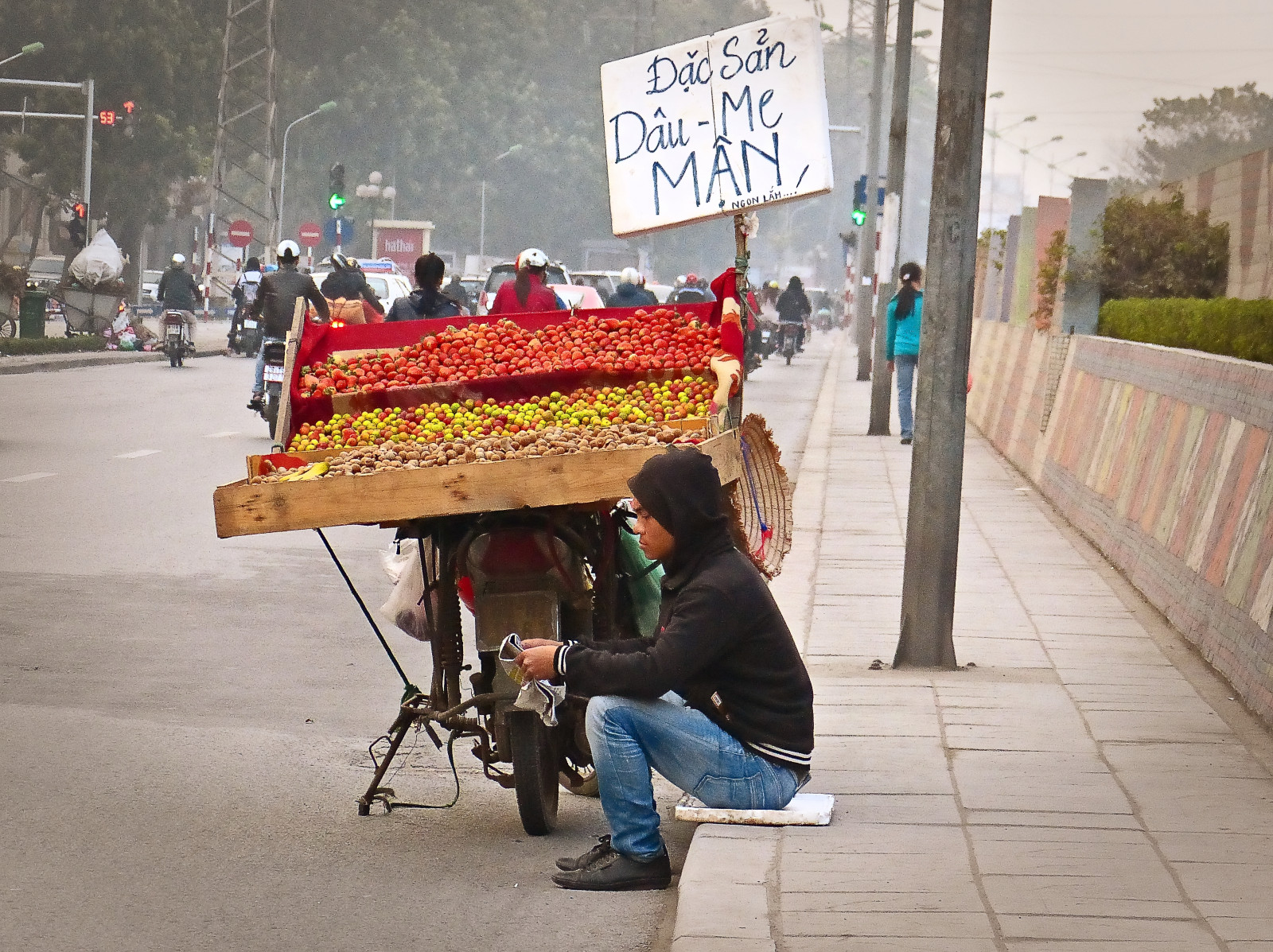 vita, strada, cibo, frutta, lumix, lettura, giornale, foschia, seduta, traffico, Candido, fragole, Vietnam, motociclo, venditore, Hanoi, tamarindo, sorb