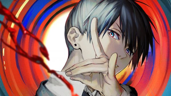 psychedelic,Chainsaw Man,Aki Chainsaw Man,black hair,hand gesture,looking at viewer