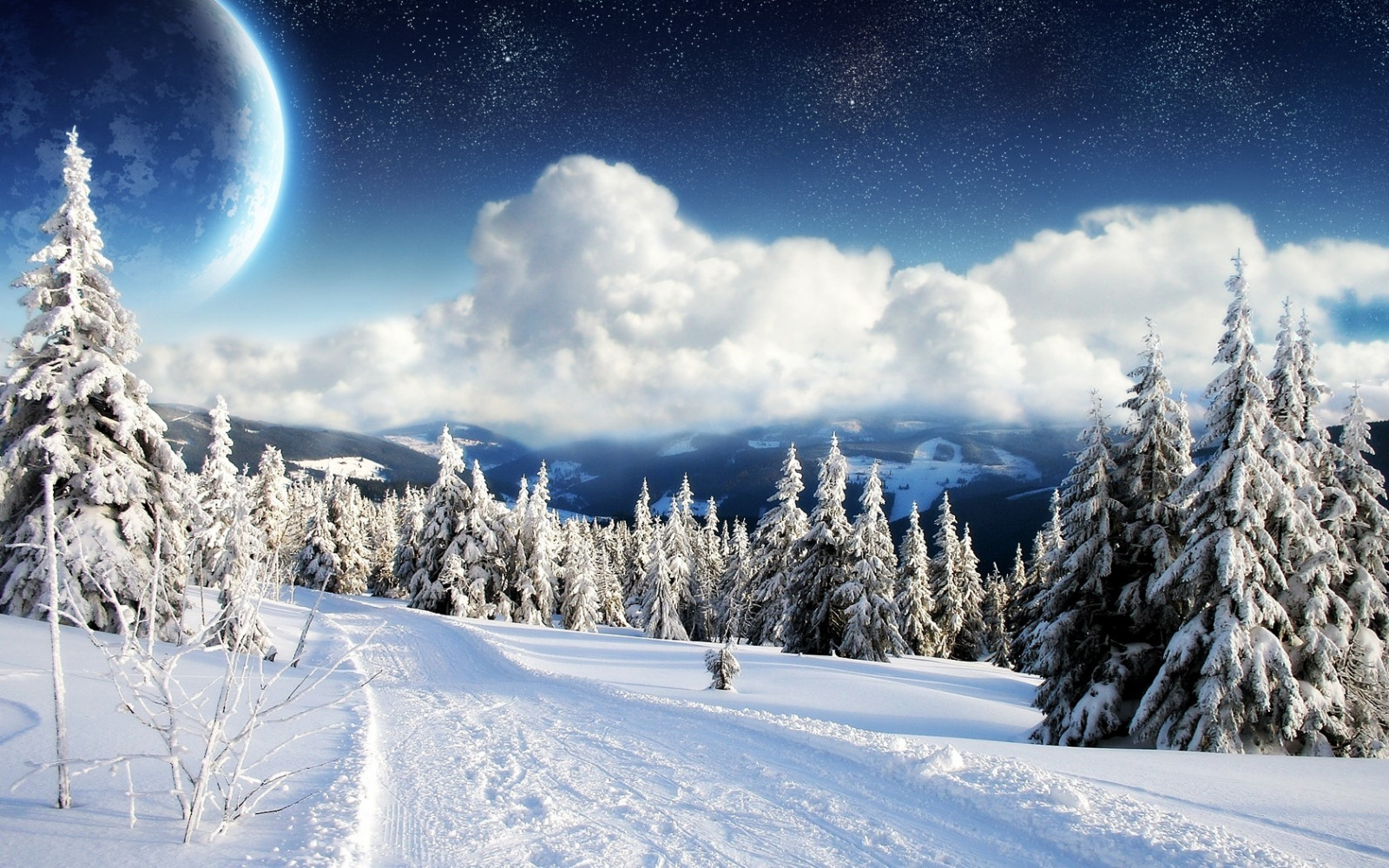Berge, digitale Kunst, Planet, Natur, Platz, Himmel, Schnee, Winter, Sterne, Wolken, Einfrieren, Berg, Wetter, Jahreszeit, Piste, Geologisches Phänomen, Gebirge, Wintersport