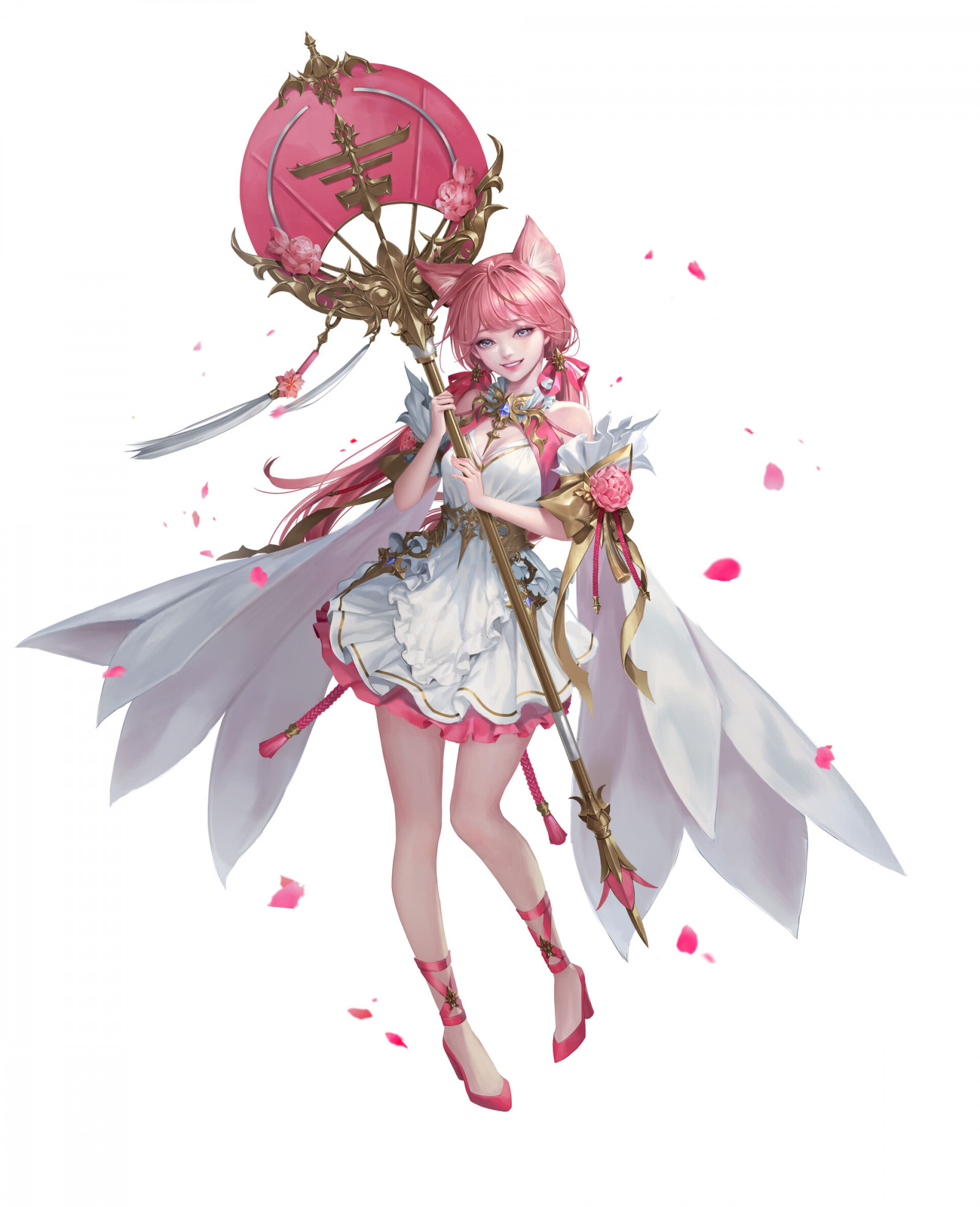 Zhincy, výkres, ženy, anime dívky, Růžové vlasy, Fox ears, šaty, růžový, Třešňový květ, anime, fantasy umění, fantasy dívky, bílé pozadí, jednoduché pozadí, zvířecí uši, usmívající se, personál