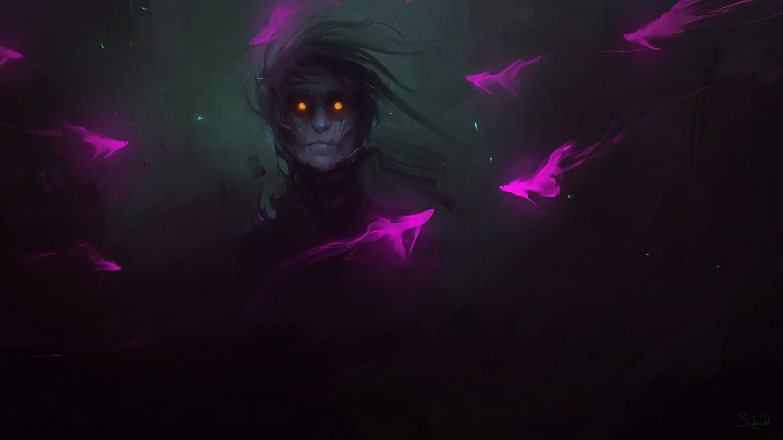 Wallpaper digital art, artwork, dark, orange eyes 2400x1349 toshmine 1488943 HD