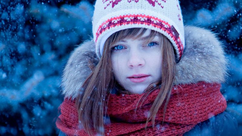 donne, occhi blu, rosso, la neve, inverno, blu donne, occhi blu, rosso, la neve, inverno, blu
