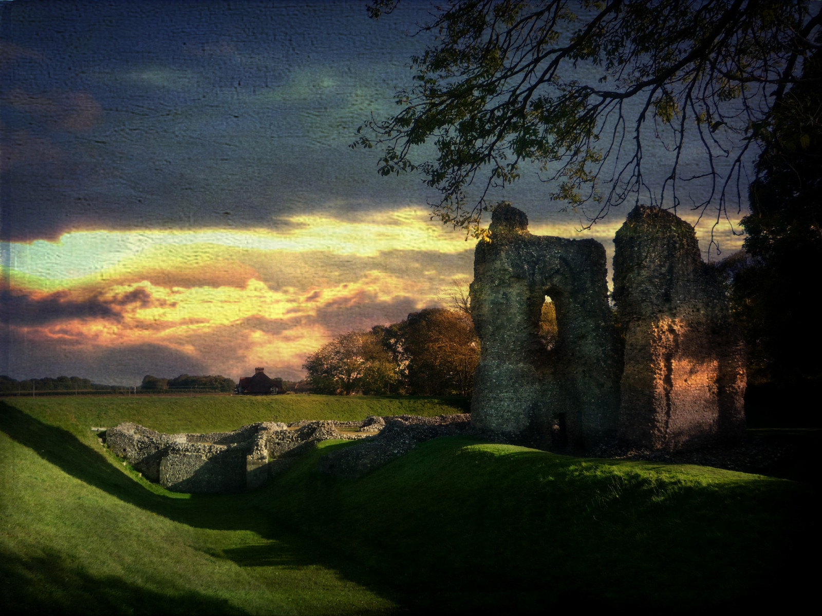slunečnímu záření, krajina, západ slunce, noc, Příroda, zřícenina, tráva, nebe, pole, večer, ráno, hrad, textura, atmosféra, texturou, soumrak, mrak, strom, svítání, louka, textury, Wiltshire, vysočina, creativephotocafe, venkov, počítač tapeta, jev, bestartever, Zemní práce, Ludgershall, national trust for places of historic interest or natural beauty