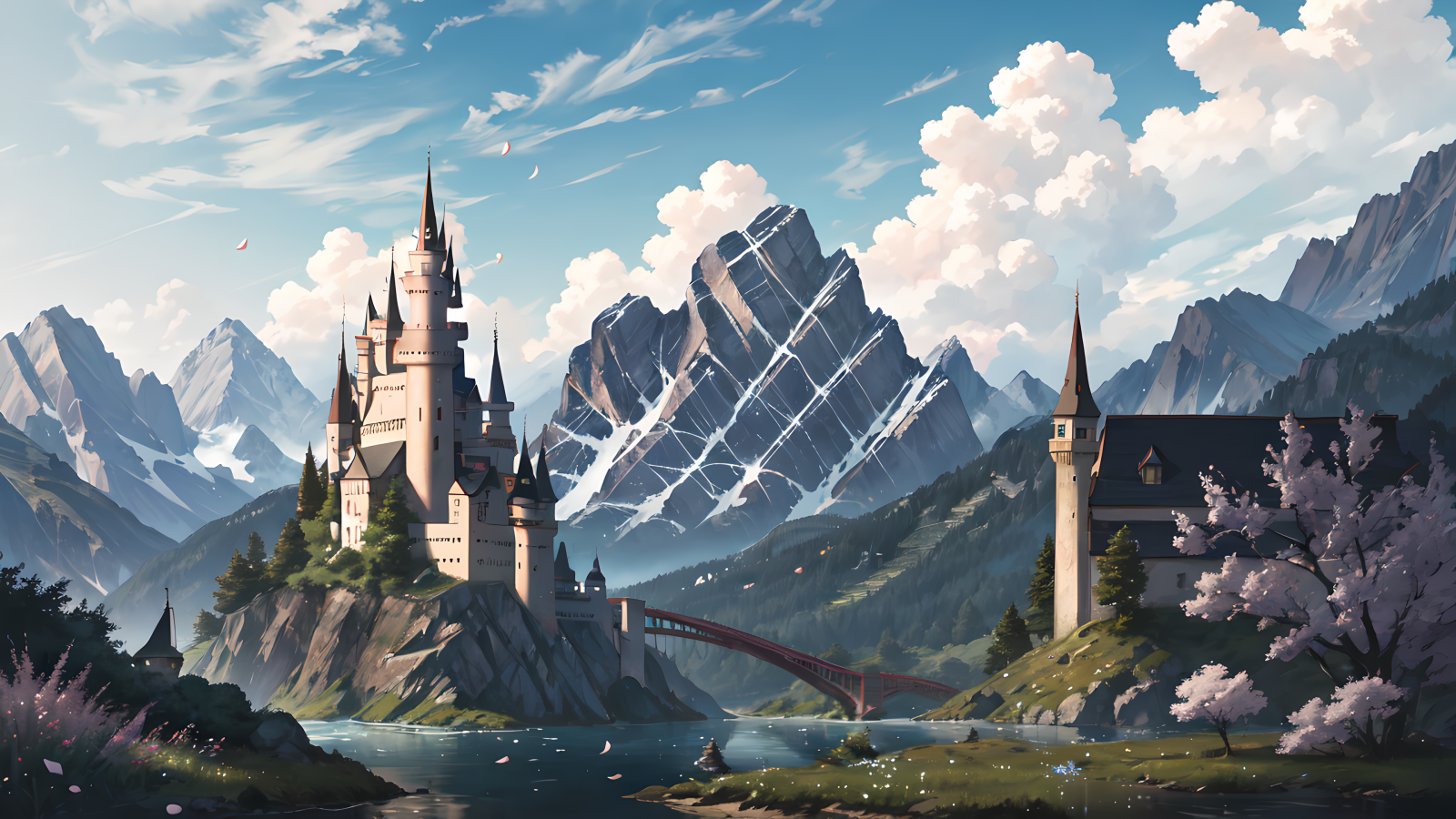 ai art, zasněžený vrchol, voda, obloukový most, zasněžené, hory