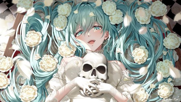 Vocaloid,lying on back,Hatsune Miku,long hair,lying down,wedding dress
