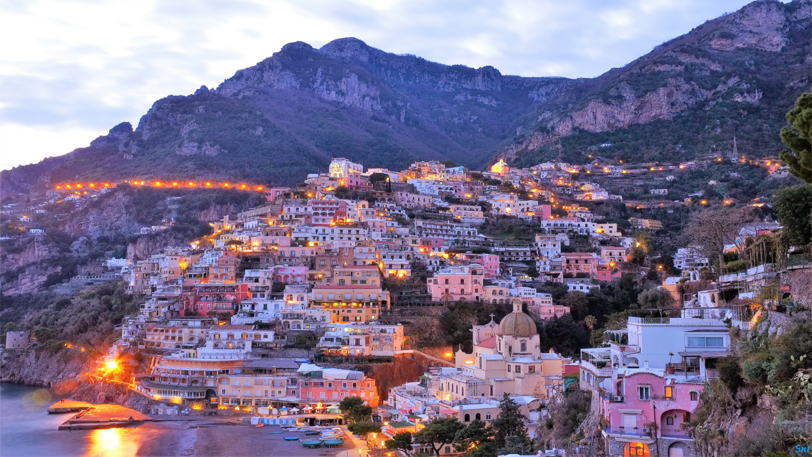 海, 村, 自然, 風景, ボート, 山々, イタリア, ポジターノ, シティ