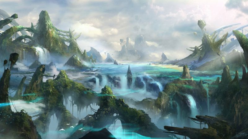 1920x1080 px, fantazie, řeka, UMĚNÍ, hory, Skála 1920x1080 px, fantazie, řeka, UMĚNÍ, hory, Skála