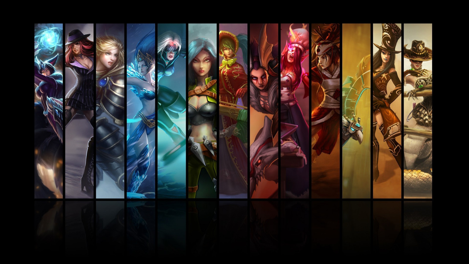 videogiochi, finestra, collage, League of Legends, Leona League of Legends, Morgana League of Legends, bicchiere, Katarina, Anivia, Lux League of Legends, Sona League of Legends, Janna League of Legends, Ahri, Sivir, miss Fortune, caitlyn, Akali League of Legends, Shyvana, Kayle, Cassiopea League of Legends, ARTE, colore, palcoscenico, pubblicità, Immagine, immagine dello schermo, sfondo del computer, arte Moderna