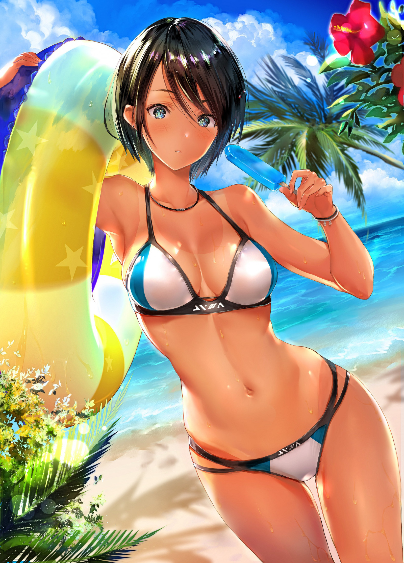 Wallpaper : anime girls, beach, flower, palm trees, sea ...