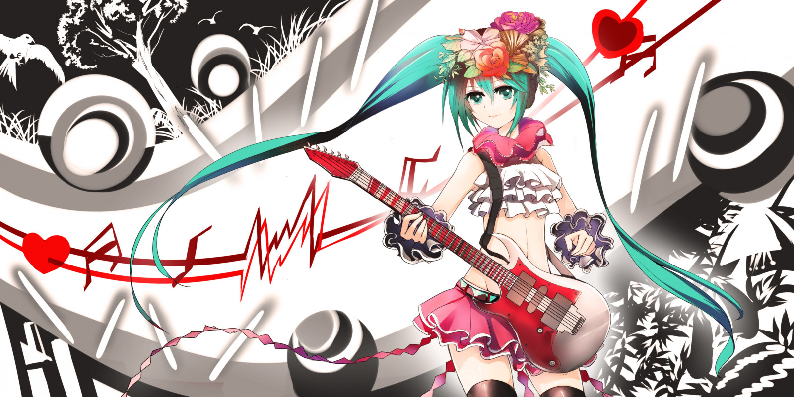 illustration, anime, Anime piger, guitar, tegneserie, Vocaloid, Hatsune Miku, tegneserie