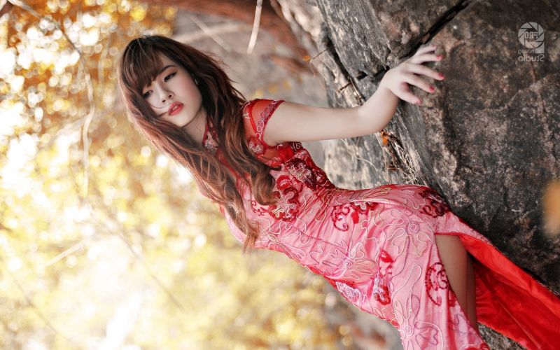 ženy, model, asijský, dlouhé vlasy, bruneta, Červené ženy, model, asijský, dlouhé vlasy, bruneta, Červené