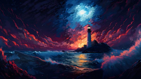 digital art,ocean view,lighthouse,water,waves,sky