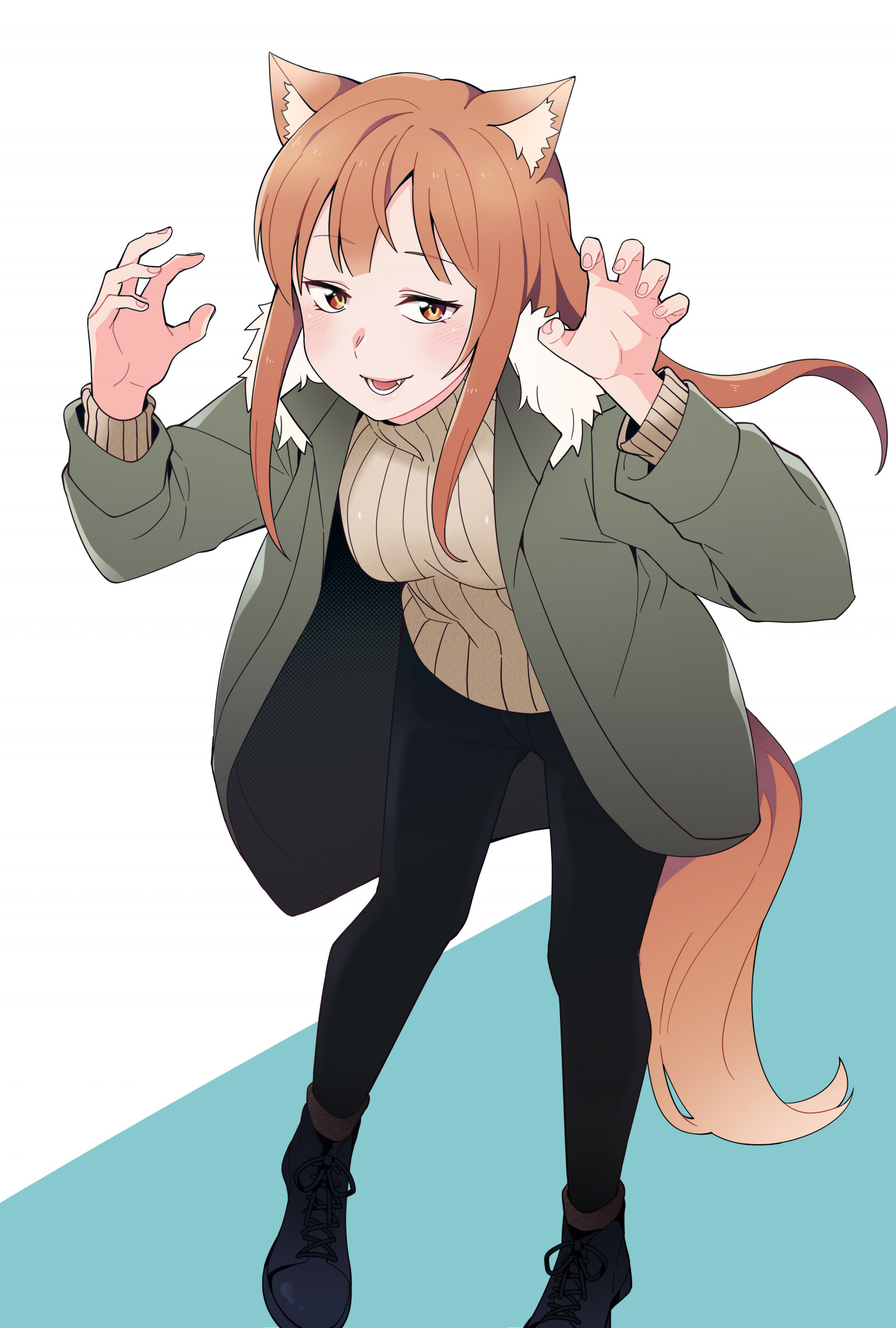 デスクトップ壁紙 アニメの女の子 長い髪 ブルネット 冬 オオカミの耳 オオカミの女の子 モンスターガール 大きなおっぱい 太もも 赤面 ホロのスパイスとオオカミ 2d 単純な背景 ビューアを見て 茶色の目 垂直 黒いズボン green jacket ファンアート