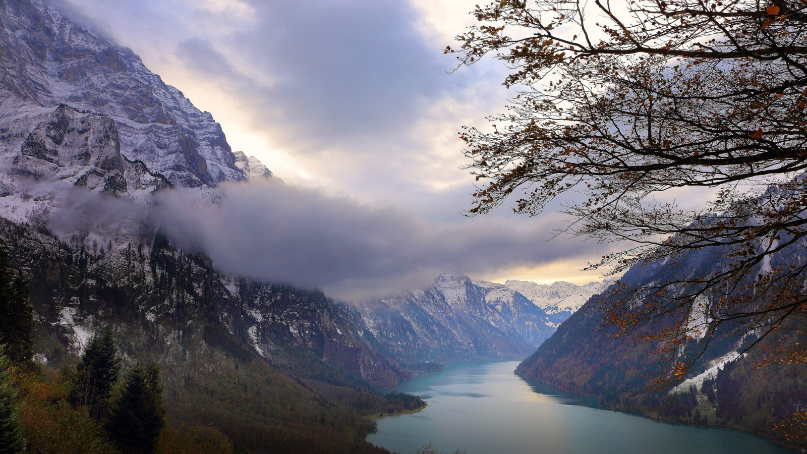 slunečnímu záření, stromy, krajina, podzim, hory, jezero, Příroda, odraz, sníh, mraky, zasněžený vrchol, ráno, údolí, Švýcarsko, divočina, Alpy, mrak, strom, hora, květ, atmosférický jev, horských reliéf, landform, geografický rys, pohoří