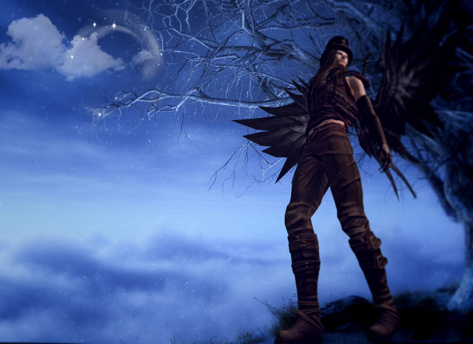azul, cielo, oscuridad, nube, atmósfera, fenómeno, cg artwork, Papel pintado de la computadora, árbol, captura de pantalla, aventurero, niña, efectos especiales, stock photography