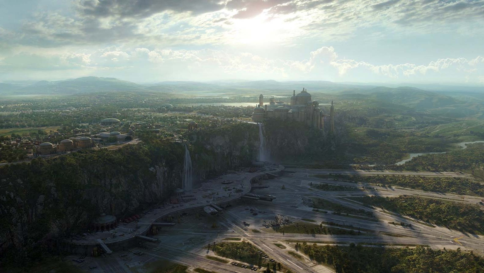 krajina, Hvězdné války, digitální umění, kopec, poskytnout, nebe, mraky, ráno, pobřeží, útes, řeka, horizont, panoráma, údolí, Naboo, Terén, hora, mezník, nádrž, atmosférický jev, Atmosféra Země, letecké snímkování, pohoří, 1594x900 px