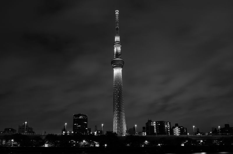 Japonia,monochromia,Miasto,Pejzaż miejski,noc,architektura