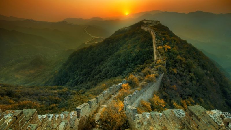 1920x1080 px,arhitectură,Marele Zid Chinezesc,deal,natură,apus de soare