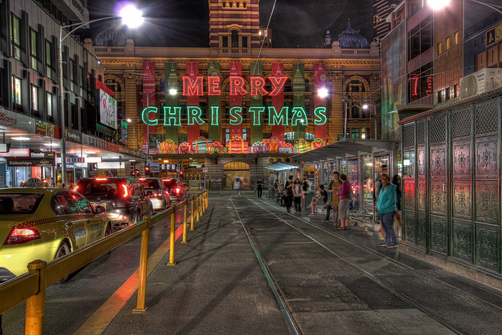 Stadt, Straße, Stadtbild, Nacht-, Abend, Stadt, Weihnachten, Metropole, Melbourne, Baum, Innenstadt, Weihnachten, Marktplatz, Stadtgebiet, Metropolregion, Flinders