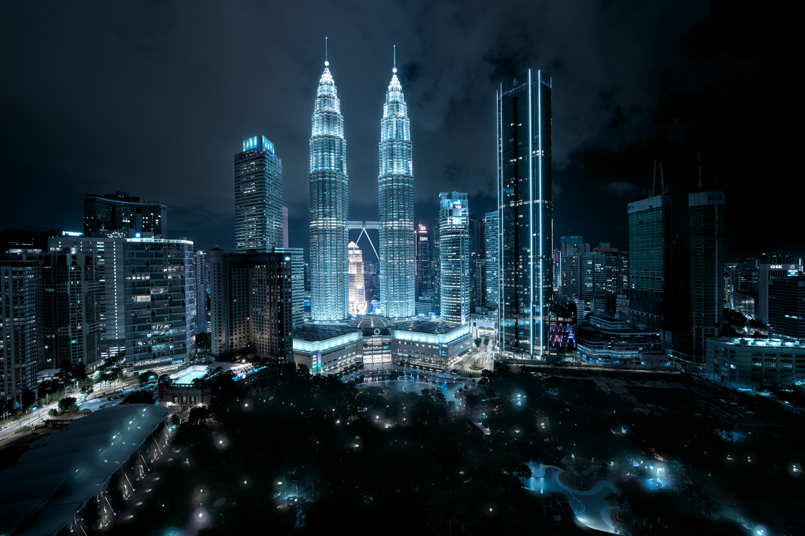 noc, neon, pouliční osvětlení, tmavé pozadí, městský, světla města