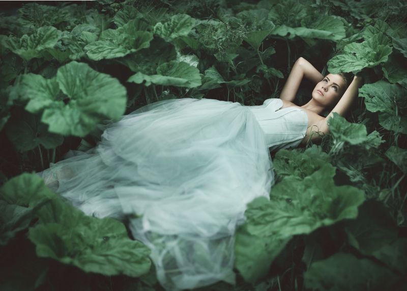 white, women, model, plants, dress, green white, women, model, plants, dress, green