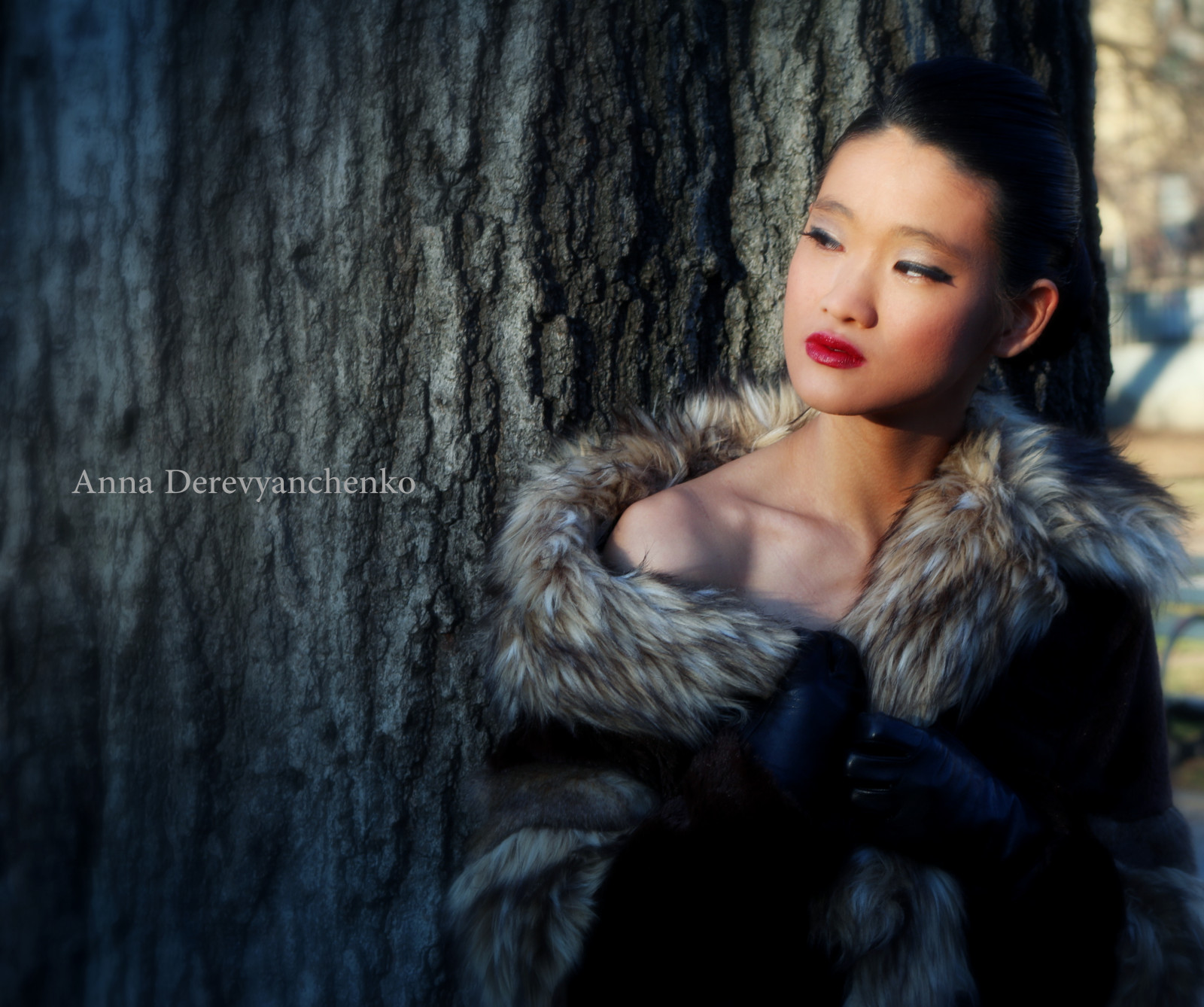 Černá, model, Asie, dlouhé vlasy, Červené, asijský, zima, fotografování, rukavice, černé vlasy, Studený, kouzlo, rty, móda, vlasy, srst, kůže, Anna, Krásná, strom, dívka, krása, dáma, fotografie, kabát, perfektní, textil, ozdobný, photograghy, portrétní fotografie, focení, kožešinové oděvy, modelka