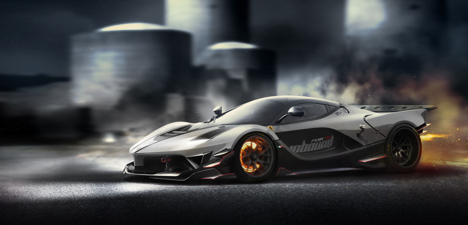 3840x1852 px, coche, Ferrari FXXK, Desenfoque de movimiento