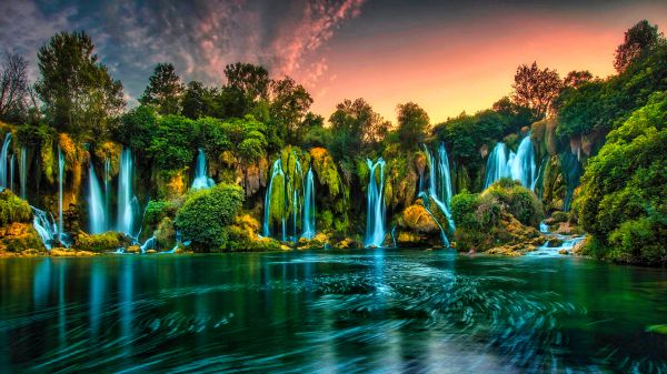 nature,waterfall,water,tropical,sunset,warm colors