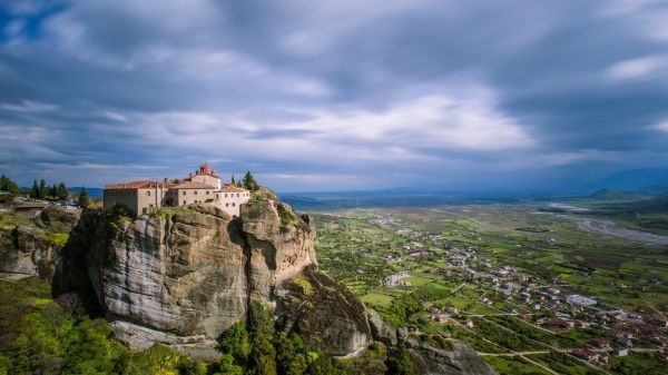 trees, landscape, sea, architecture, hill, rock