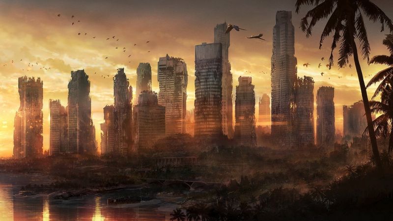 les, západ slunce, město, panoráma města, noc, apokalyptický les, západ slunce, město, panoráma města, noc, apokalyptický